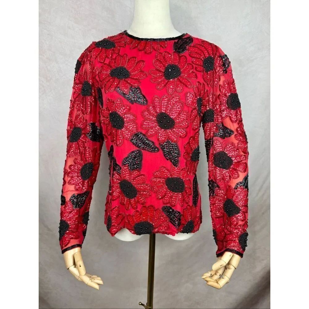 Vintage 1980 Oleg Cassini Beaded Top Designer Poppy Flower 100% Silk Size M RARE
